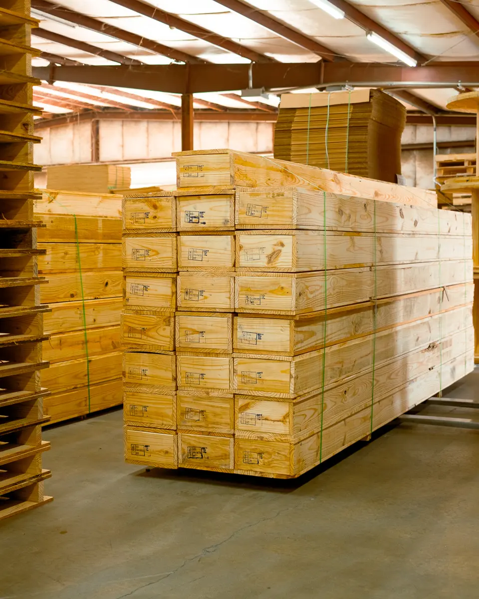 Stacks of heat-treated pallets staged for export shipment