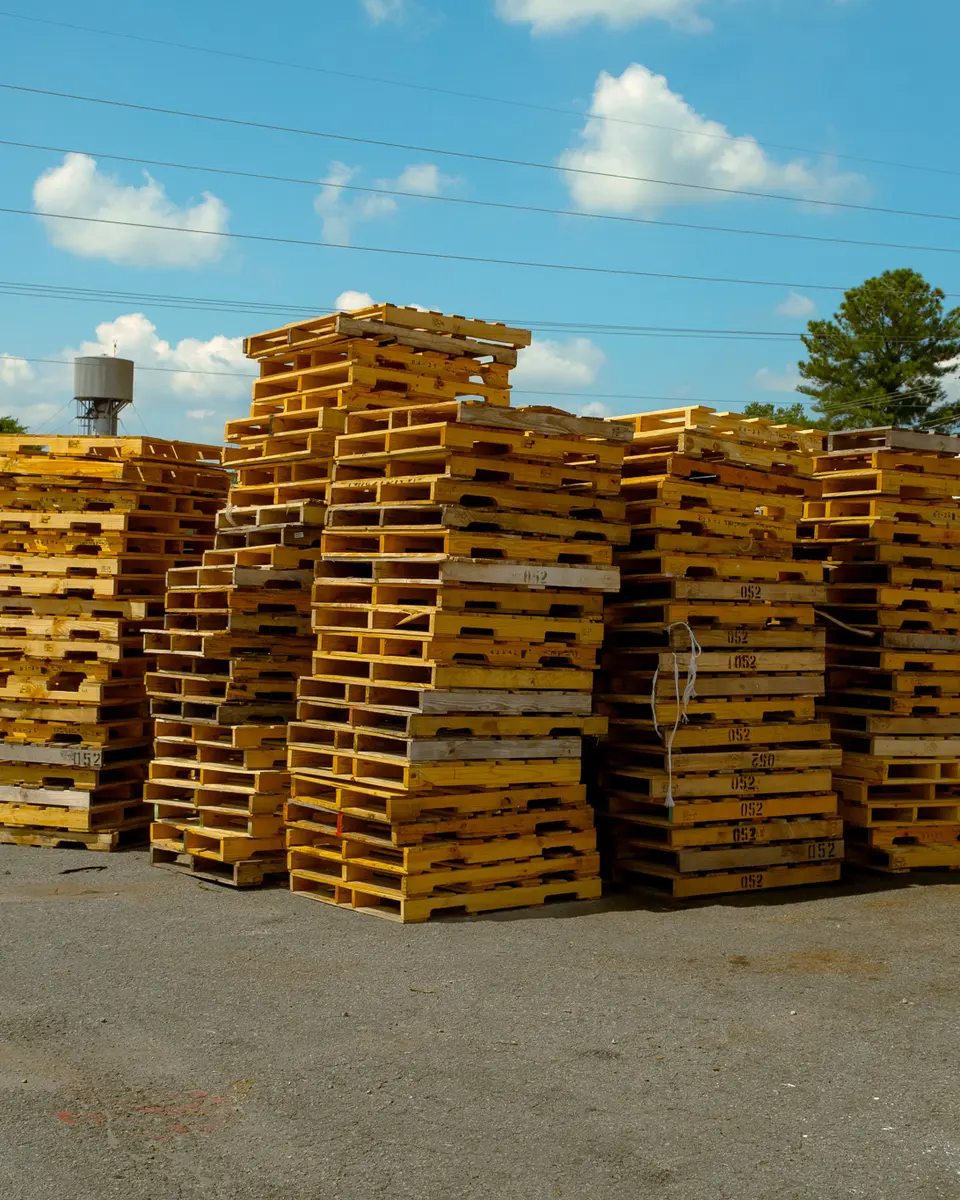 Recycled 48x40 pallets stacked in the Florence yard